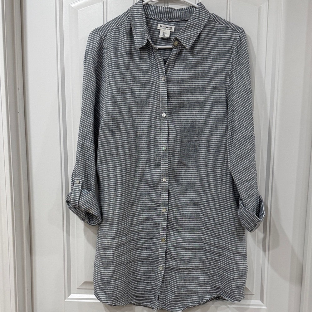 EUC Artisan Ny Slate Blue & White Striped Linen Button-Up Tunic